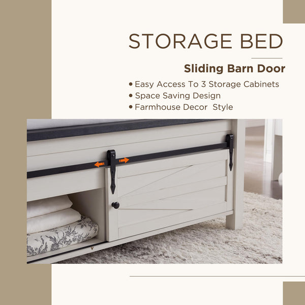 Farmhouse Bedroom Set with Barn Door Storage – King & Queen Bed + 2 Nightstands
