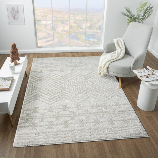 Cream Moroccan Area Rug – High-Low Pile, Stain-Resistant Polypropylene