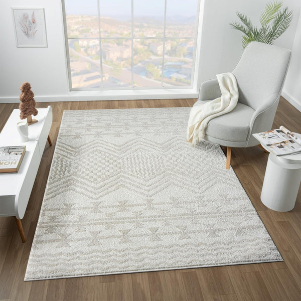 Cream Moroccan Area Rug – High-Low Pile, Stain-Resistant Polypropylene