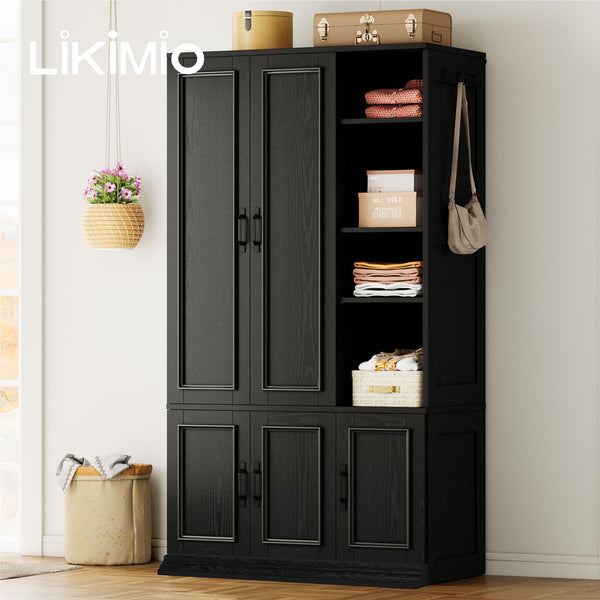 70" 5-Door Wooden Wardrobe with Shelves & Hanging Rod