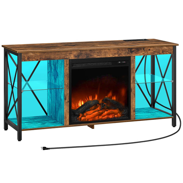 Fireplace TV Stand with Charging Station & LED Lights