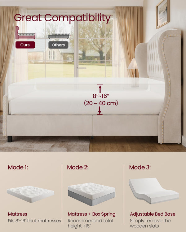 Upholstered Wingback Platform Bed Frame with Tufted Headboard