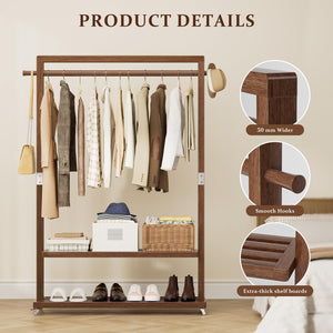 Solid Wood Freestanding Clothes Rack with Wheels