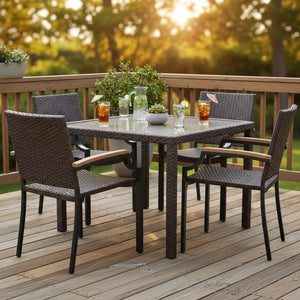 Stackable Patio Wicker Dining Chairs Set of 4 with Acacia Wood Armrests
