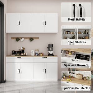 Wall-Mounted Kitchen Pantry Cabinet with Countertop, Drawers & Doors