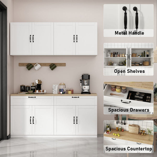 Wall-Mounted Kitchen Pantry Cabinet with Countertop, Drawers & Doors