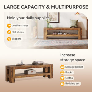 59" Entryway Bench with Storage Shelf, Rustic Brown