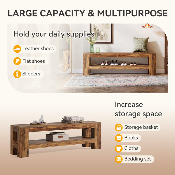 59" Entryway Bench with Storage Shelf, Rustic Brown