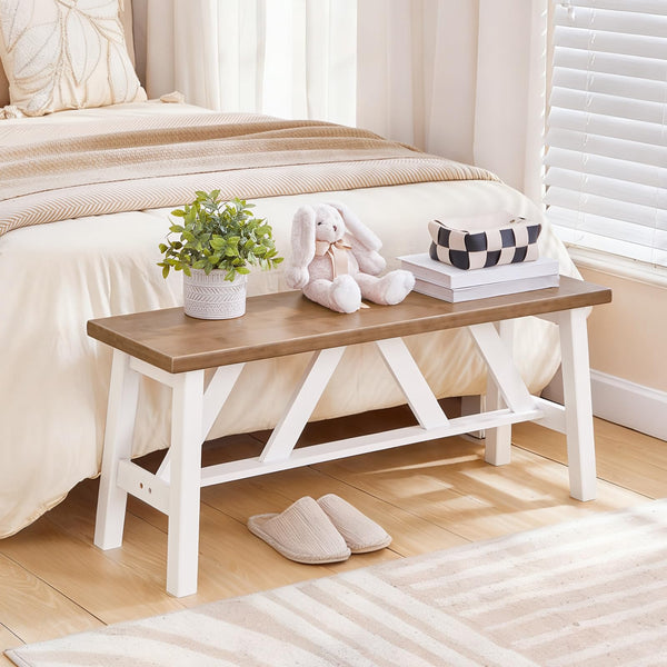 Bamboo Dining Bench — Farmhouse Style, Walnut + White