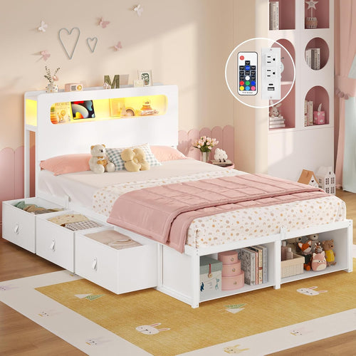 Twin Storage Bed Frame with LED Headboard & Power Outlets