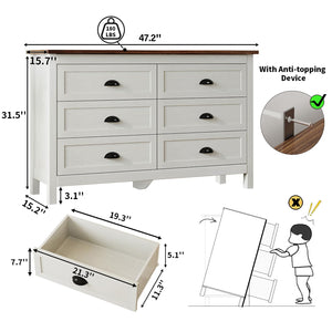 6-Drawer White Dresser with Black Handles