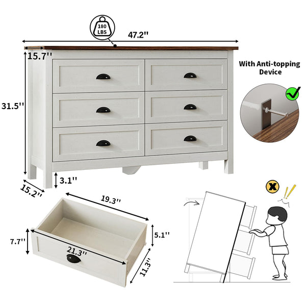 6-Drawer White Dresser with Black Handles