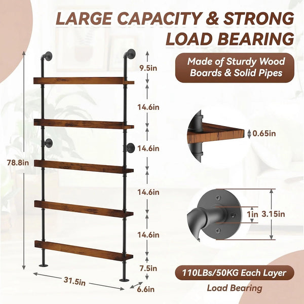 5-Tier Wall Mounted Wine Rack with Industrial Pipe Bar Shelves
