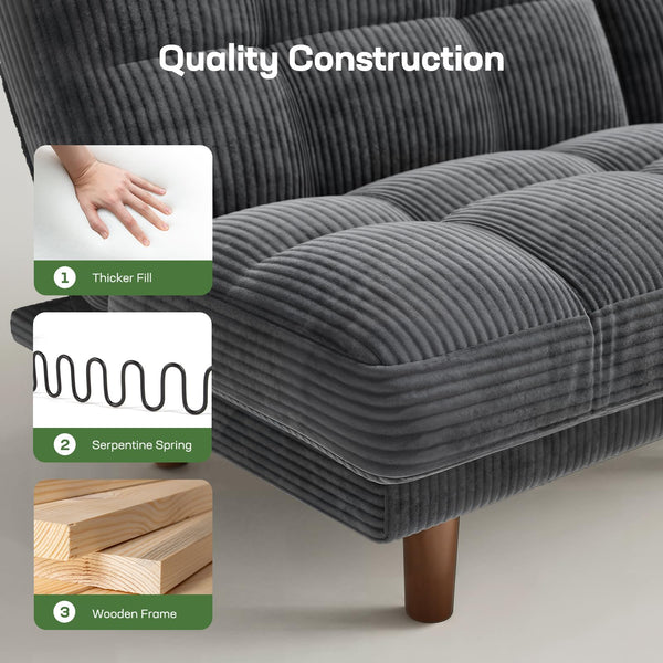 Convertible Futon Sofa Bed with Adjustable Backrest – Grey Corduroy