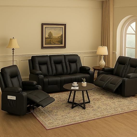 Black Faux Leather Recliner Sofa Set with Cup Holders