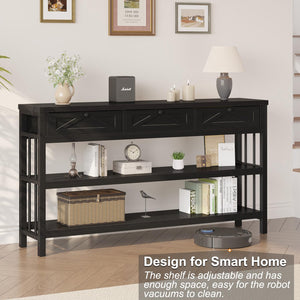 55-Inch Console Table with 3 Drawers and Open Shelves