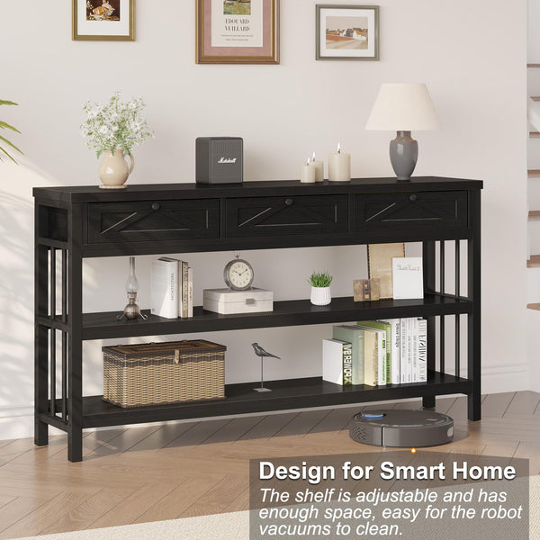 55-Inch Console Table with 3 Drawers and Open Shelves