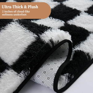 Checkered Shag Area Rug – Black & White Plush Non-Slip Carpet