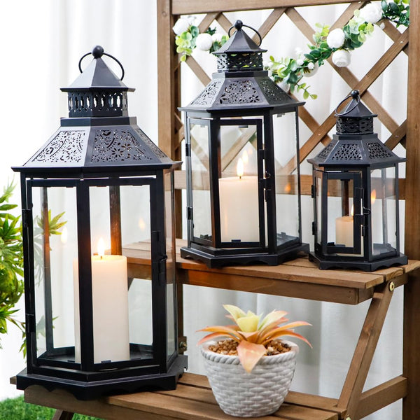 Set of 3 Hexagonal Vintage Metal Candle Lanterns with Tempered Glass