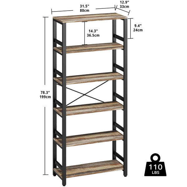 6-Tier Industrial Bookshelf, 31.5" Wide