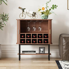 Wine Bar Storage Cabinet with Sliding Doors & Glass Holder