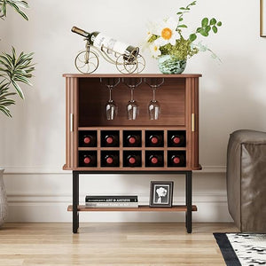 Wine Bar Storage Cabinet with Sliding Doors & Glass Holder