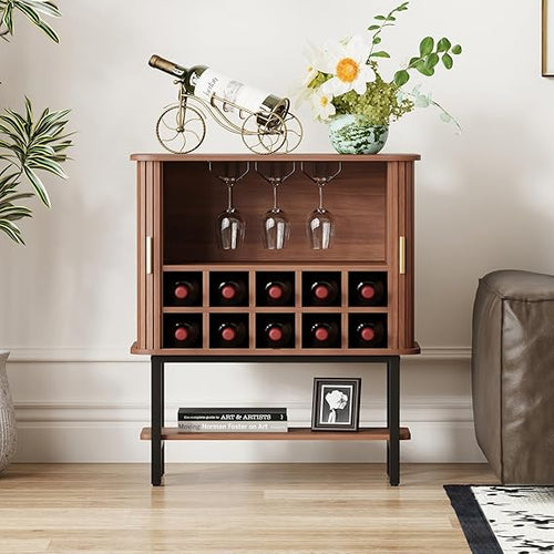 Wine Bar Storage Cabinet with Sliding Doors & Glass Holder