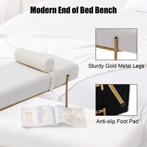 Faux Fur Upholstered Bench with Gold Metal Legs & Detachable Pillow – White