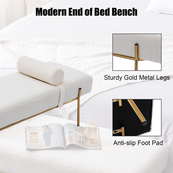 Faux Fur Upholstered Bench with Gold Metal Legs & Detachable Pillow – White