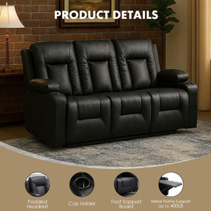 Black Faux Leather Recliner Sofa Set with Cup Holders