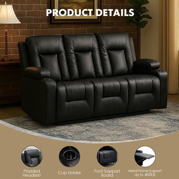 Black Faux Leather Recliner Sofa Set with Cup Holders