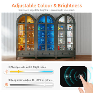 Arch Display Cabinet with Glass Doors, LED Lights & Drawer – 73" Tall