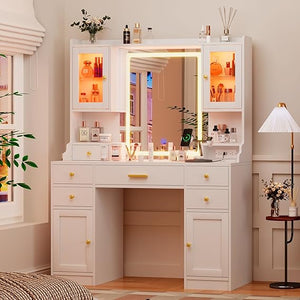 LED Vanity Desk with Mirror, RGB Cabinets & Charging Station