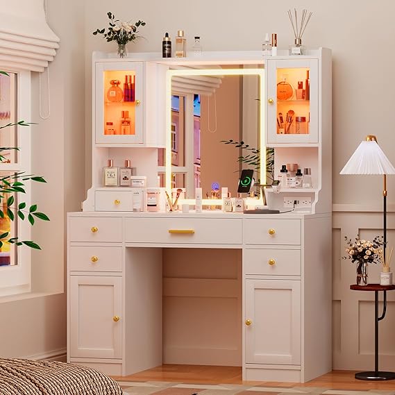 LED Vanity Desk with Mirror, RGB Cabinets & Charging Station