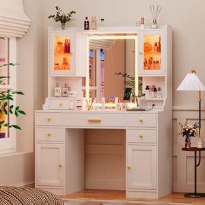 LED Vanity Desk with Mirror, RGB Cabinets & Charging Station