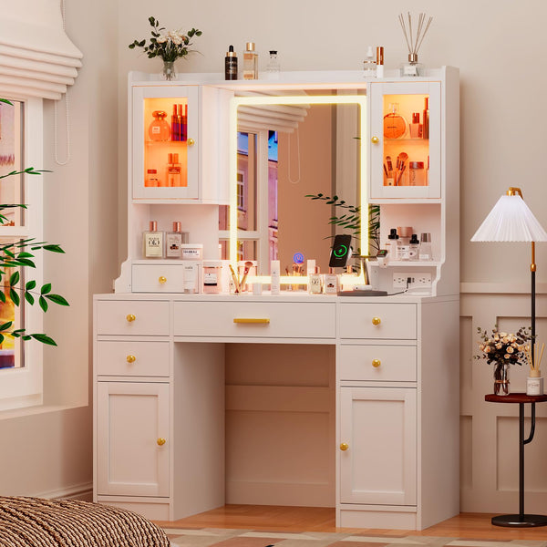 LED Vanity Desk with Mirror, RGB Cabinets & Charging Station