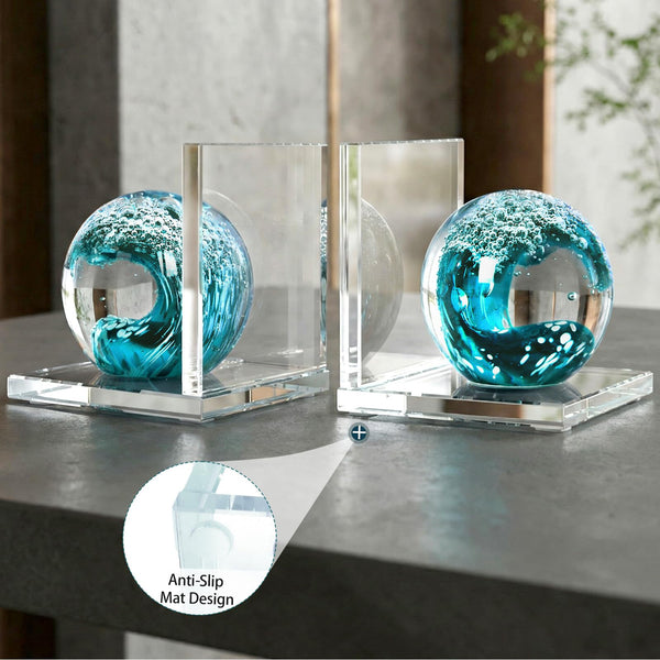Glass Sea Wave Bookends Set of 2