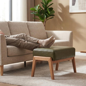 Ottoman Foot Stool with Faux Leather Cushion and Rubberwood Frame