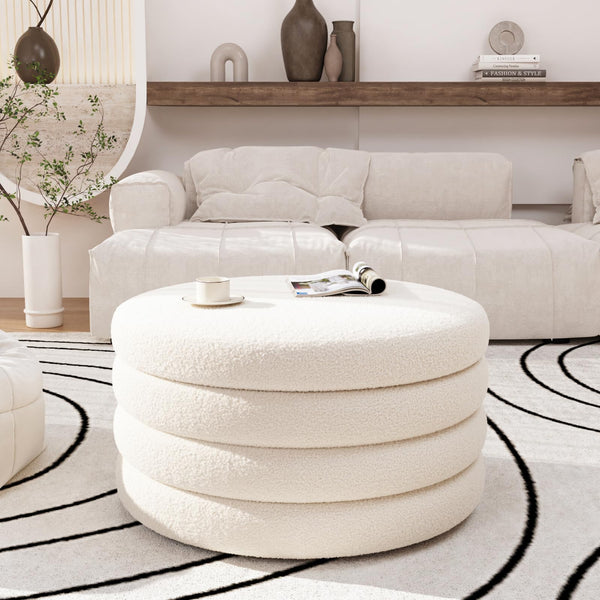 Round Sherpa Storage Ottoman Coffee Table