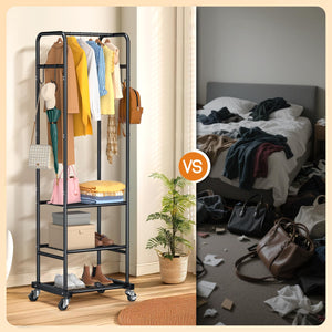Freestanding Clothes Rack with Wheels & 3 Shelves
