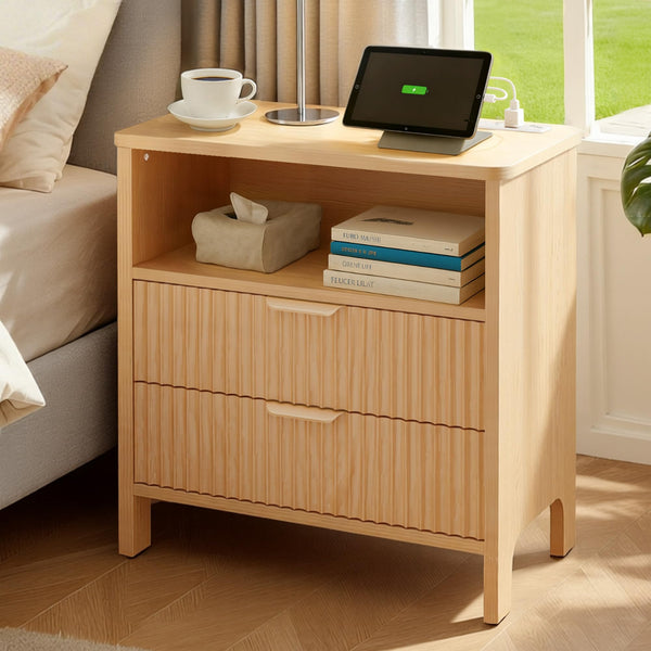 Fluted Nightstand with Charging Station & 2 Drawers