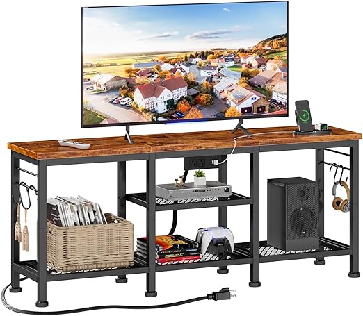 TV Stand with Power Outlets & Open Storage Shelves for 55 Inch TVs