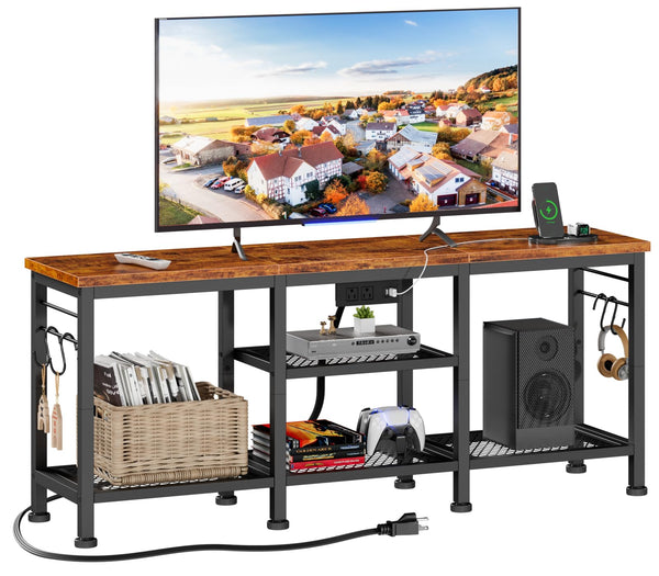TV Stand with Power Outlets & Open Storage Shelves for 55 Inch TVs