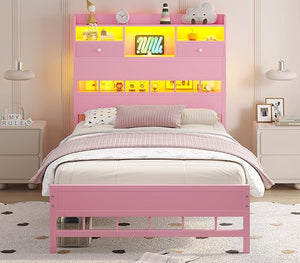Twin Bed Frame with Headboard, LED Lights & Charging Station