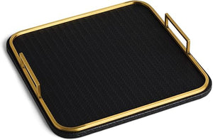 Square Woven Vegan Leather Decorative Tray with Brushed Brass Handles