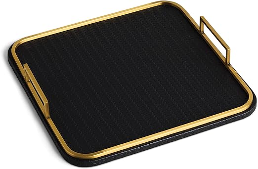 Square Woven Vegan Leather Decorative Tray with Brushed Brass Handles