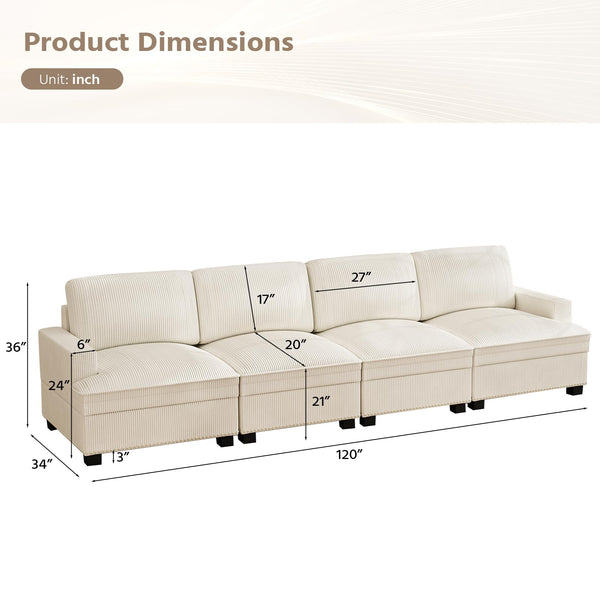 Oversized Modular Sectional Sofa – 4-Seat Corduroy Couch with Nailhead Trim & Storage Ottoman