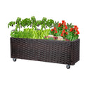 Raised Garden Bed with Wheels — 38" Rattan Wicker, Steel Frame, Drainage Hole