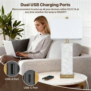 Marble Nightstand Lamps Set of 2 with USB Ports & 3-Color Temperature LED