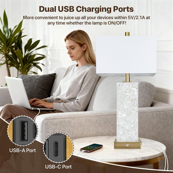 Marble Nightstand Lamps Set of 2 with USB Ports & 3-Color Temperature LED